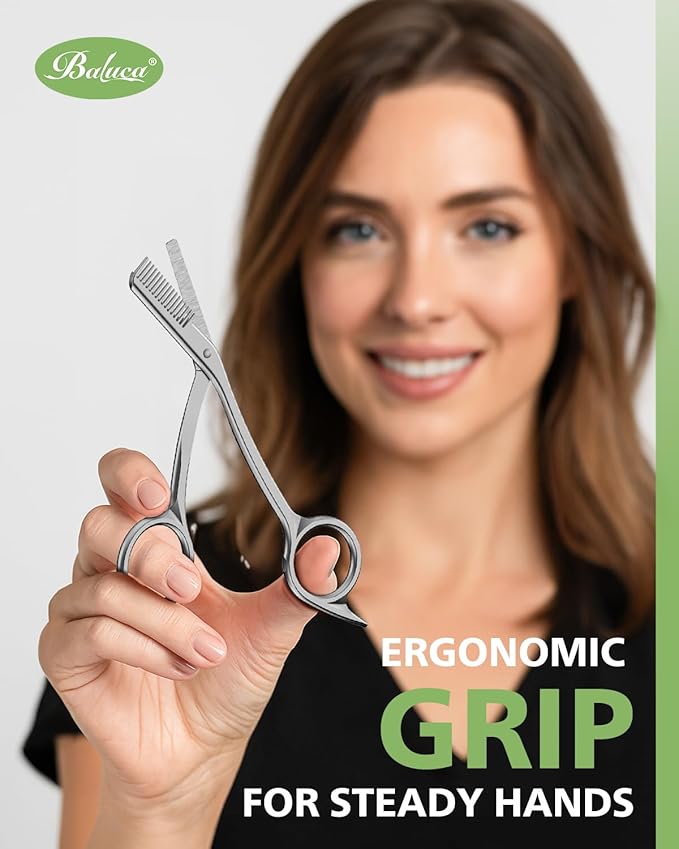 BALUCA Eyebrow Scissors with Comb | Professional Stainless Steel Eyebrow Trimmer for Women & Men | Dual-Design Precision Eye Brow Trimmer Scissors for Effortless Grooming, Silver (Silver)