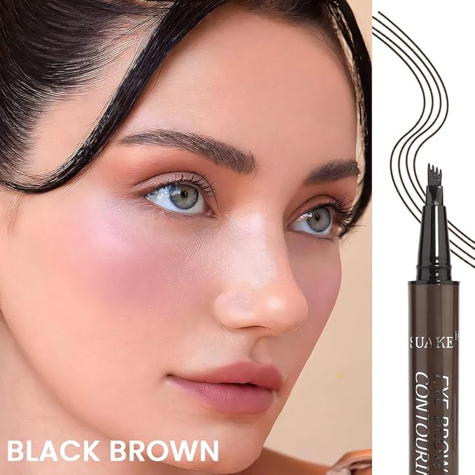 Kaely Microblading Eyebrow Pen with Brush, Magical Precise Waterproof Brow Pen, 4 Tip Eyebrow Contouring Eye Brow Pencils for Women, Creates Natural Brows, Sponge Head 03 Black Brown