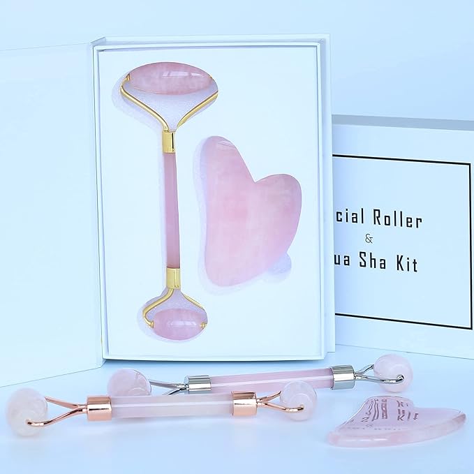 HOTACE Jade Roller Gua Sha Set Natural Rose Quartz Jade Roller for Face Beauty Facial Roller Massager Tools Face Skin Care Tools-Pink