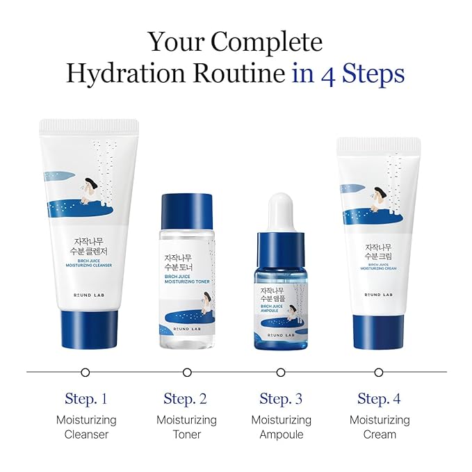 ROUND LAB Birch Juice Moisturizing Mini Kit, 4-Step Travel Size Skincare Set (Cleanser, Toner, Serum, Cream) | Korean Moisturizer, Hydrating Routine | For Acne-Prone, Sensitive Skin | Beauty Gift Set