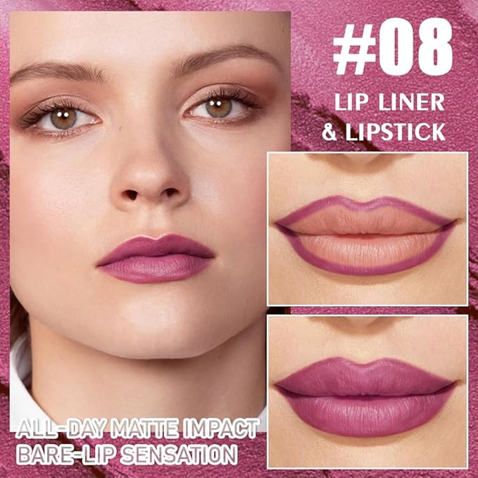 2-in-1 Dark Purple Matte Lip Liner & Lipstick Combo Set,Lips Kit with Lip Liner Lip Stains Long Lasting Waterproof Smudge Proof for Older Women 24 Hours Lipliners Pencil Lipstick Makeup Gift Kit