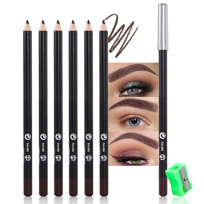 6Pcs Brow Pencil Set with Sharpener – Wooden Hard-Core Eyebrow Pencils, Perfect for Eye Brows and Eyeliner, Waterproof & Sweat-Proof for Beginner makeup (6PCS*Coffee)