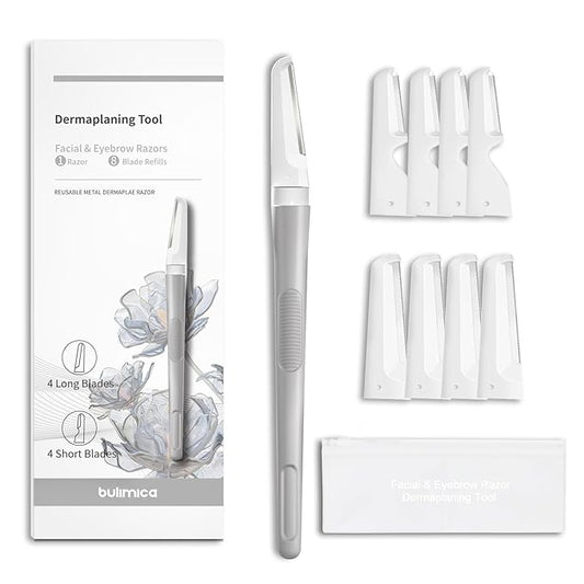 Dermaplane Razor for Women Face, Precision Face Razors for Women, Dermaplaning Tool, Gentle Exfoliation, Perfectly Shape Brows, Reusable Metal Handle with 8 Microblades,Gray