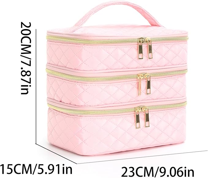 Travel Makeup Bag for Women Three Layer Large Cosmetic Case Water-resistant Toiletry Bag Organizer for Store Toiletries Cosmetic Accessories and Manicure Sets Pink