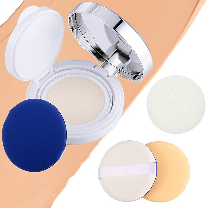 Patelai 7 Pcs 0.5oz Silver Empty Luxurious Air Cushion Puff Box with Sponge Puff and Mirror, Portable Make-up Powder Container Case with Extra Sponges and Puffs, Refillable Foundation Bb Cream Box