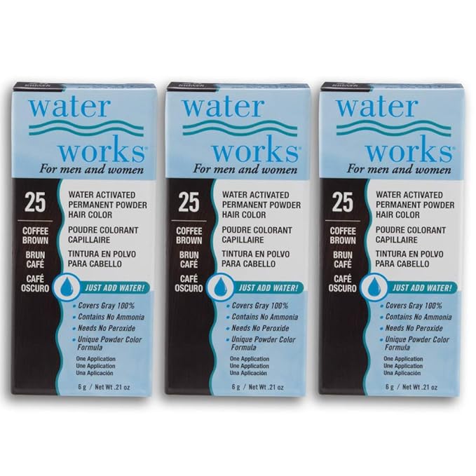 Water Works Hair Color Powder, Coffee Brown – Permanent Hair Dye for Root Touch-Up & Full Coverage, Men & Women, 3 Pack