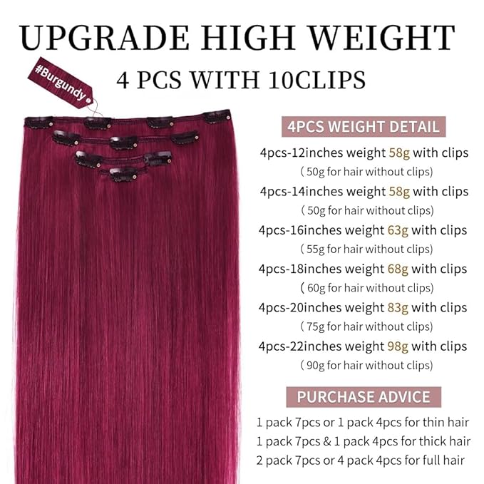 12" Clip in Hair Extensions Remy Human Hair for Women - Silky Straight Burgundy Real Hair Extensions Clip ins 58grams 4pieces (12inches, #Burgundy)