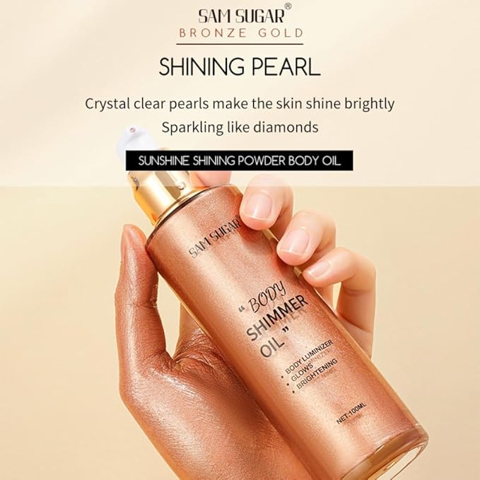 SAM SUGAR Shimmer Body Oil 3.38 Fl OZ Long Lasting Liquid Illuminator with Brush for Body Glow Illuminating Body Moisturizer 100ml Body & Face Highlighter for a Radiant Glow（03#）