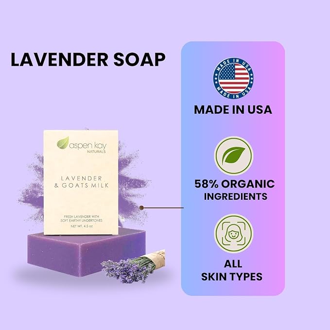Lavender and Goats Milk Soap Bar. Natural Lavender Soap with Organic Shea Butter & Pure Essential Oils. Gentle for Face and Body. For Men, Women & Teens. Handmade in USA. 4.5 oz Bar.