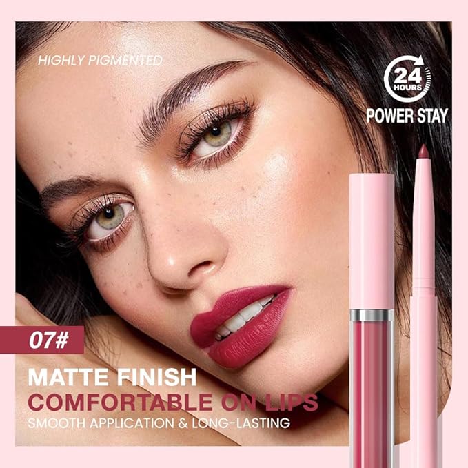 AMY'S DIARY Lip Gloss and Lip Liner Set – Matte Liquid Lipstick with Matching Lip Pencil – Rose Red, Berry, Wine Red Shades – Long Lasting, Waterproof, Non-Sticky Lip Makeup Kit for Defined Lips