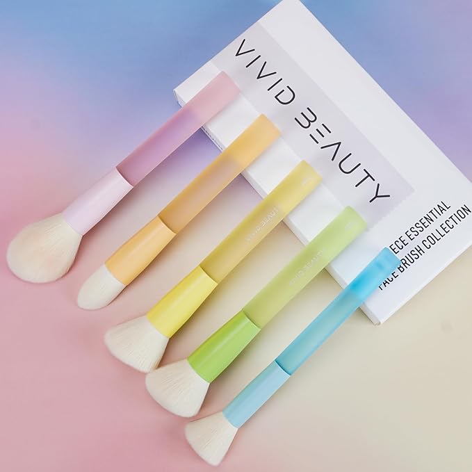 5pcs Multi Color Face Makeup Brush set – Powder, Kabuki, Angled Fluff, Blush Brushes with Vegan Bristles That Mimic Natural Wool – Non-Slip Rubber Handles – Perfect for Contouring, Setting, Blending