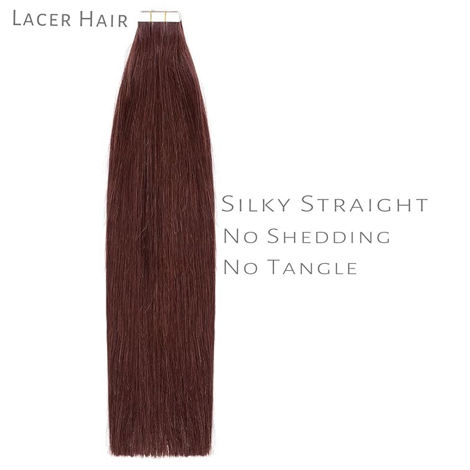 Lacer Tape in Hair Extensions Human Hair Wine Red 16 Inches Burgundy Straight Tape in Real Human Hair Extensions Dlouble Side Weft 20pcs 50 Grams Per Pack