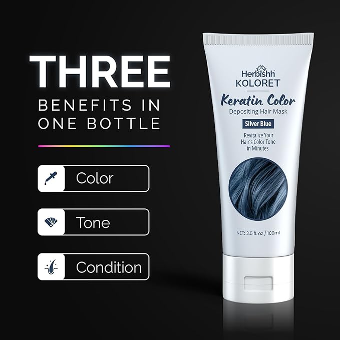 Herbishh Koloret Keratin Color Depositing Hair Mask 2-in-1 Deep Conditioner for Vibrant Hair, Revives Color, Ideal for Dry Damaged Hair Salon Worthy Shine at Home All Hair Types Silver Blue 3.5 fl oz