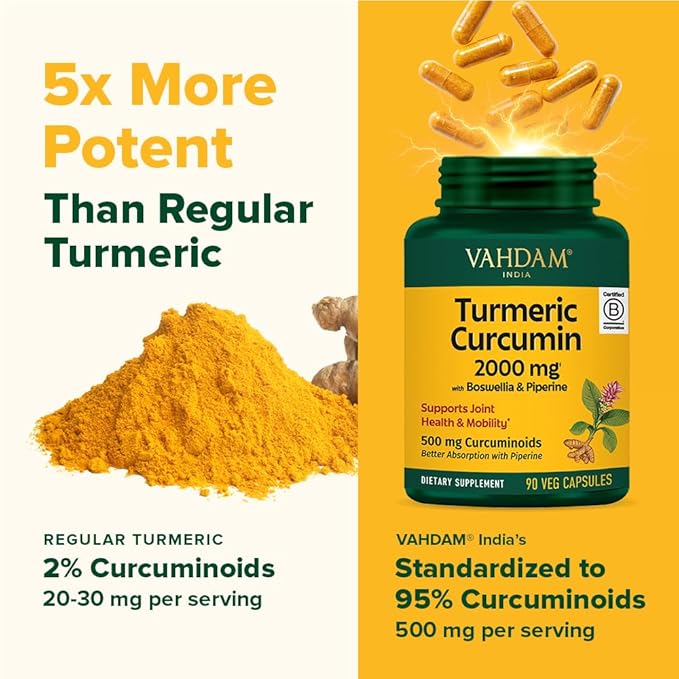 VAHDAM Turmeric Curcumin Supplement 2000mg (500mg Curcuminoids) with Boswellia & Piperine for Fast Absorption | Supports Joint Health and Mobility | 90 Capsules