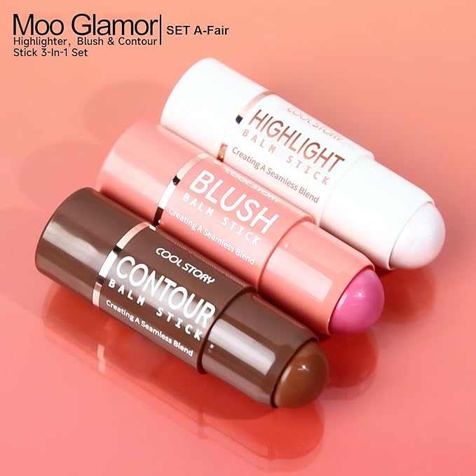 3-in-1 Highlighter,Blush and Contour Sticks Trio with Highlighter Stick Contour Stick and Blush Stick for Cheeks and Face Makeup (Set A Fair)