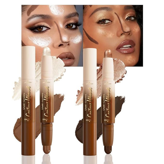 2Pcs Dual-Ended 2-in-1 Cream Contour & Highlighter Stick Makeup For Face & Body – Waterproof, Long-Lasting, Suitable for All Skin Tones, (05+06)