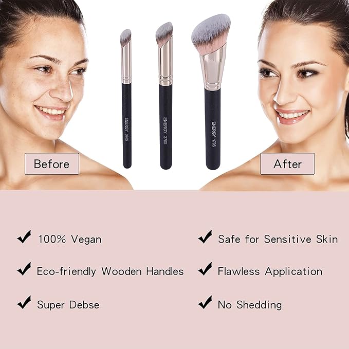 ENERGY Kabuki Foundation Brushes 3Pcs Professional Makeup Brush Set for Setting Powder Foundation Concealer Bronzer Blending with Liquid Cream Foundation Mineral Powder Comsetics with PU pouch