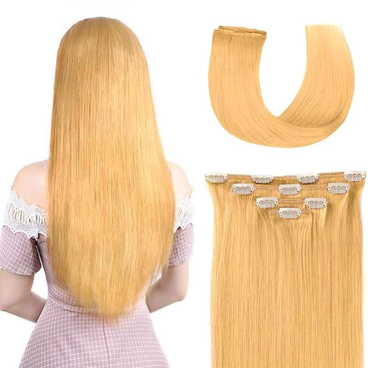 18" Clip in Hair Extensions Remy Human Hair for Women - Silky Straight Human Hair Clip in Extensions 60grams 4pieces Natural Blonde #24 Color