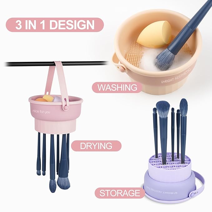 Makeup Brush Cleaner Mat 3 in 1 Silicone Makeup Brush Cleaner Bowl Cosmetic Brushes Cleaning Tool Makeup Cleaner for Brushes (KHAKI)