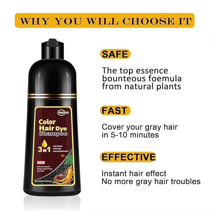 Dark Chocolate Hair Dye Shampoo 3 in 1, 100% Gray Coverage ， Instant Natural Hair Color for Men & Women,Root Touch Up for All Hair Types – Easy Application, Dark Brown Color champu para canas 500ml