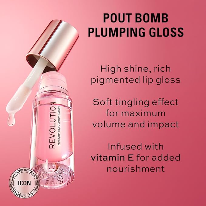 Revolution Beauty London, Pout Bomb Plumping Lip Gloss, High Shine, Rich Glossy Pigment, Infused with Vitamin E, Cookie Deep Nude, 0.15 fl oz