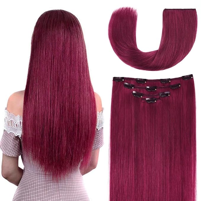 14" Clip in Hair Extensions Remy Human Hair for Women - Silky Straight Burgundy Real Hair Extensions Clip ins 58grams 4pieces (14inches, #Burgundy)