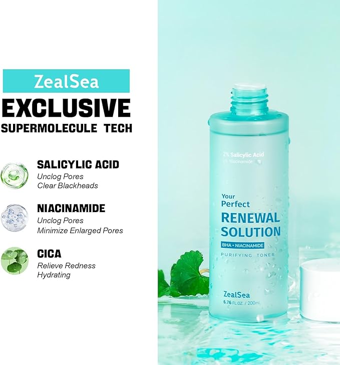 Salicylic Acid Toner, Blackhead Remover, BHA Liquid Exfoliant (CICA, 6.76OZ), ZealSea Pore Minimizer for Face, Gentle Alcohol Free BHA Toner for All Skin Type with Niacinamide, Redness Relief, Vegan