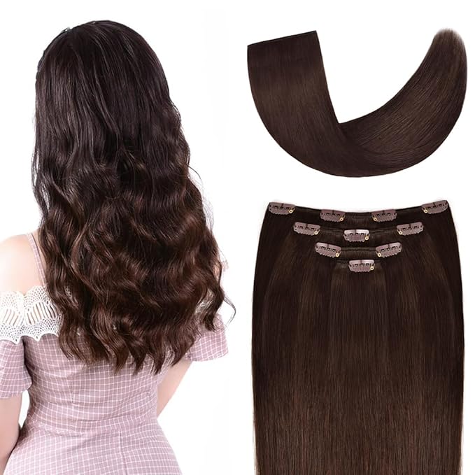 20" Clip in Hair Extensions Real Human Hair for Women - Silky Straight Remy Hairpieces Clip on 75grams 4pieces Medium Brown #4 Color