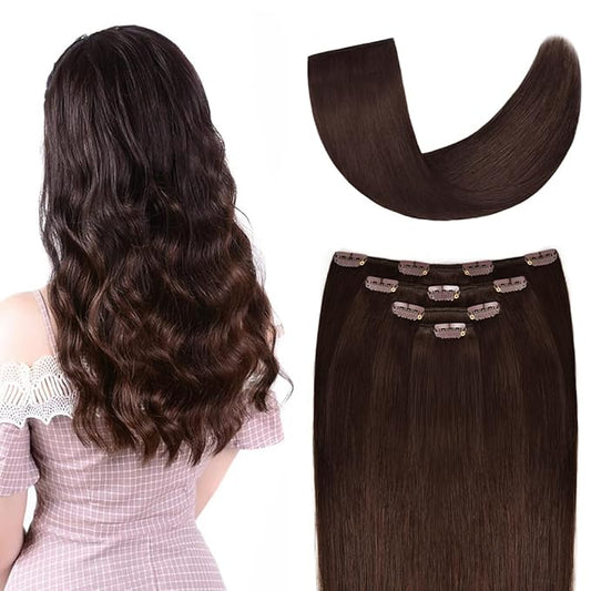 20" Clip in Hair Extensions Real Human Hair for Women - Silky Straight Remy Hairpieces Clip on 75grams 4pieces Medium Brown #4 Color