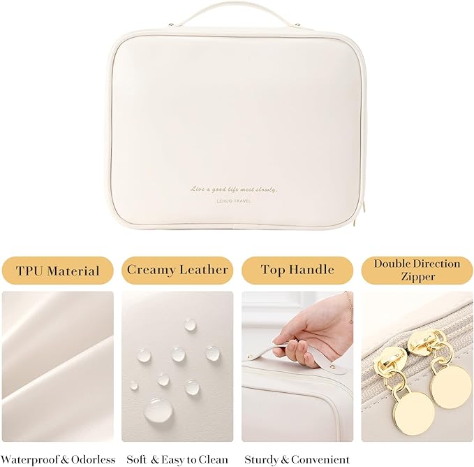 Travel Makeup Bag Large Capacity Cosmetic Organizer Waterproof Leather Toiletry Bag with Brush Holder and Handle Portable Cosmetic Storage Bag for Women Girls Gift - White