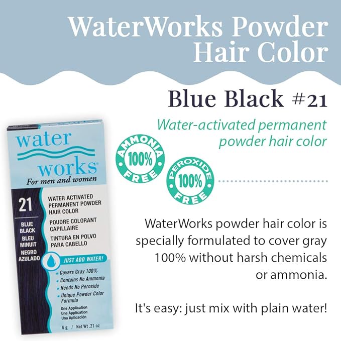 Water Works Hair Color Powder, Blue Black – Permanent Hair Dye for Root Touch-Up & Full Coverage, Men & Women, 3 Pack
