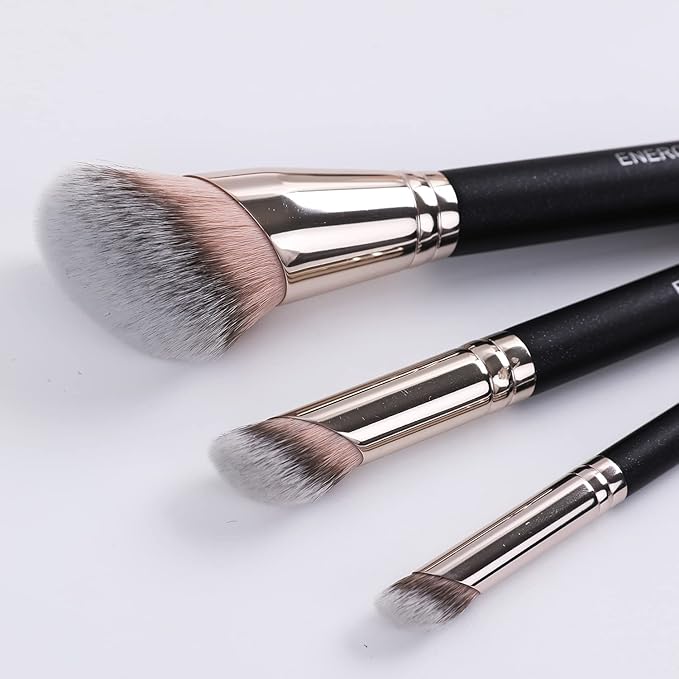 ENERGY Kabuki Foundation Brushes 3Pcs Professional Makeup Brush Set for Setting Powder Foundation Concealer Bronzer Blending with Liquid Cream Foundation Mineral Powder Comsetics with PU pouch