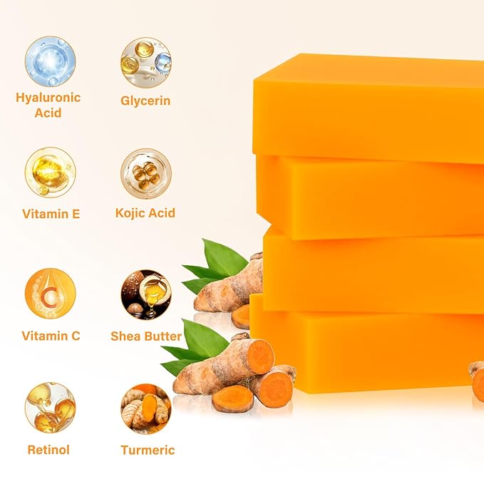 Kojic Acid Soap, Turmeric Soap Bar for Dark Spots remover for face and body with Collagen, Vitamin E, Retinol, Hyaluronic Acid, Shea Butter,Original Japanese Complex, 2 Bars With Face Scrubber