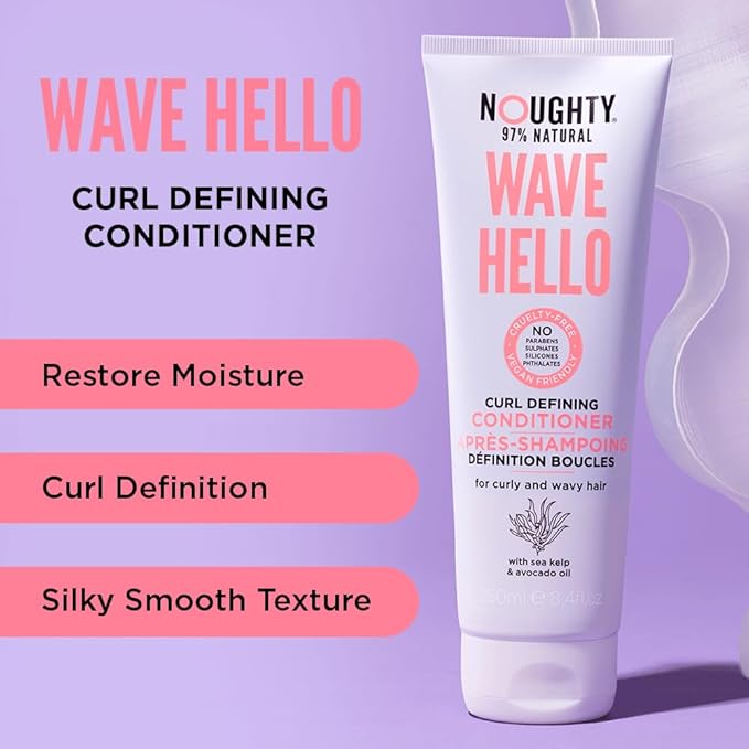 Noughty 97% Natural Wave Hello Curl Defining Conditioner, to Condition, Soften and Define Curls with Sea Kelp Extract and Avocado Oil, Sulfate Free Vegan Haircare 8.4fl.oz