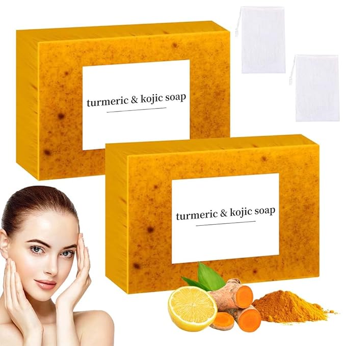 Lemon Turmeric Kojic Soap,Natural Handmade Soap,Turmeric Soaps Bar for Face and Body, Smooth Skin Tumeric Soapes,Deep Cleansing Soaps for Men & Women (2 PCS)