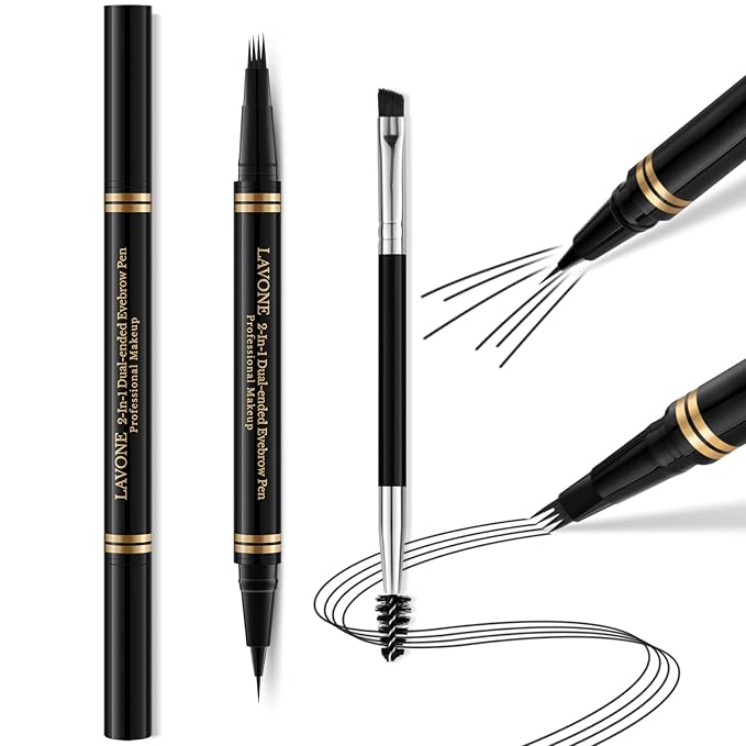 Eyebrow Pen,2-in-1 Waterproof Eyebrow Pencil with 4 Tip Microblading Brow Pen and Ultra-Precise Brow Pencil,with Dual-ended Eyebrow Brush,Eyebrow Makeup for Natural Looking - Black