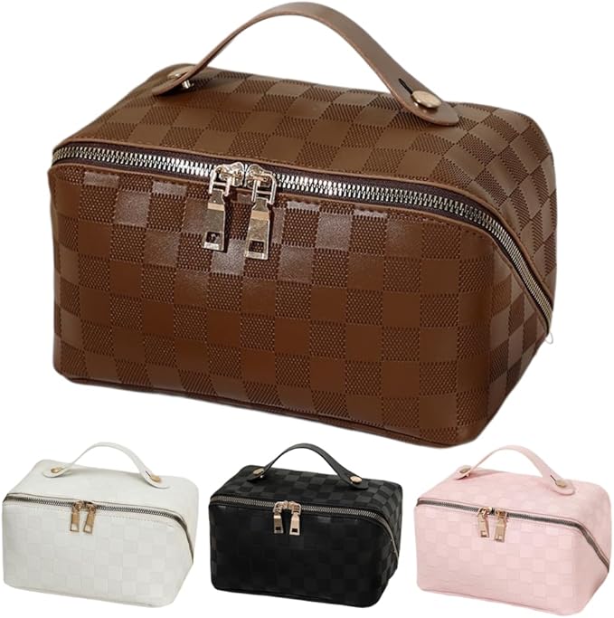 Large Capacity Makeup Bag Portable Travel Cosmetic Bag for Women Girls Gift Makeup Pouch Portable Zipper Bag (Latte Checkered - upgrade)