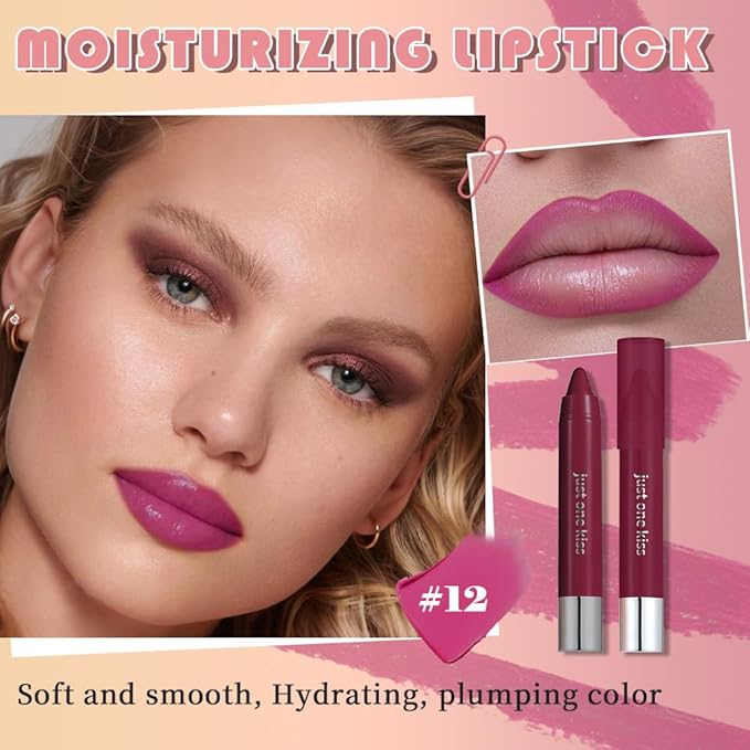 Fuchsia Rose Hydrating Cream Lipstick Lip Crayon for Women, Moisturizing Lipstick Long-lasting Waterproof, Retractable Lips Crayon Liner for Ombre Shades, Tinted Lip Balm + Lips Color in One, 12