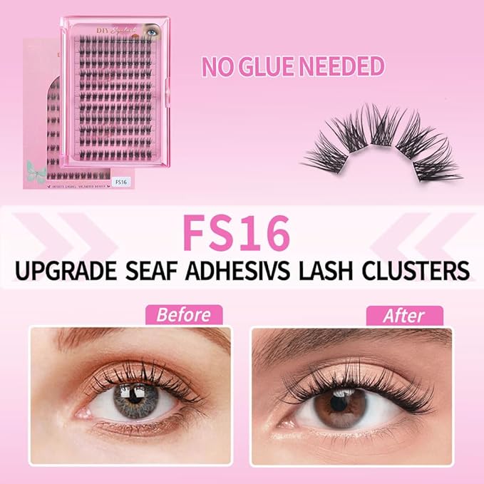DIY Self Adhesive Eyelashes, Natural Volume Lash Clusters Kit, Pre Glued Eyelash Clusters, No Glue Needed Lashes Wispy, D-curl, Cluster Eyelash Extensions, Individual Lashes, 7#