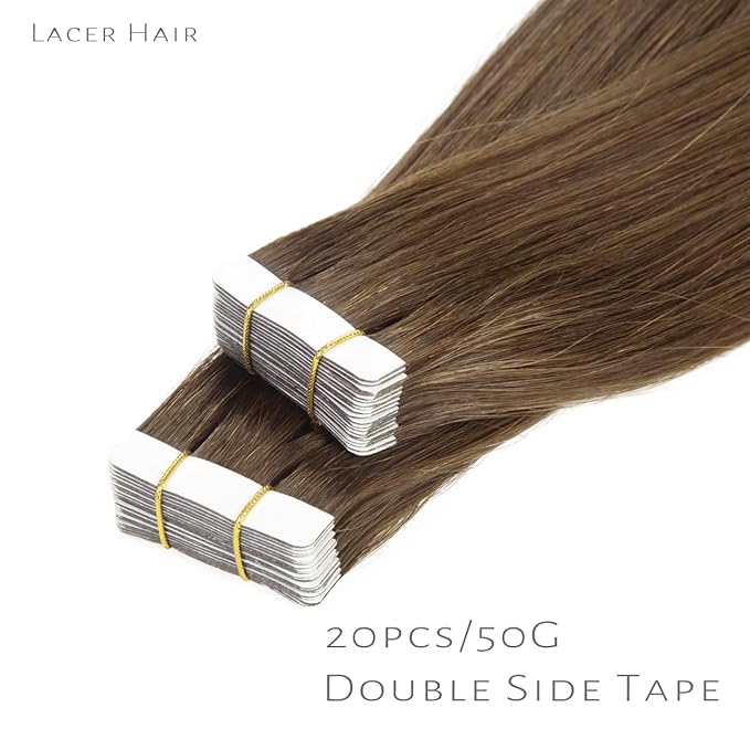Lacer 20 inch Seamless Remy Tape in Human Hair Extensions Balayage Natural PU Skin Weft 100% Real Virgin Human Hair Color #4 Chocolate Brown Double Side 50g 20pcs/set