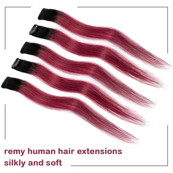 WINSKY Burgundy Ombre Clip in Colored Hair Extensions- Hairpiece for Women Clip on 5 Pieces/set (18 Inch,1B-Burgundy)
