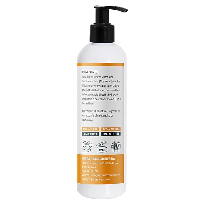 Tallow & Goat Milk Body Lotion for Sensitive Skin, Organic moisturizing Lotion - Soothes Dry skin, Goat Milk face and body Moisturizer - Handmade Tallow for skin cream (12 OZ, Lavender Vanilla)