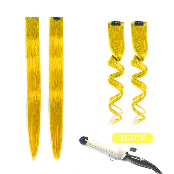 Winsky Colored Hair Extensions Real Human Hair - Clip in Party Highlights Halloween Hair Piece 5 Pieces/Set (18inch,Yellow)