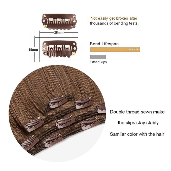 12" Hair Extensions clip in Human Hair for Women - Silky Straight Remy Hairpieces Clip on 50grams 4pieces Ash Brown Color
