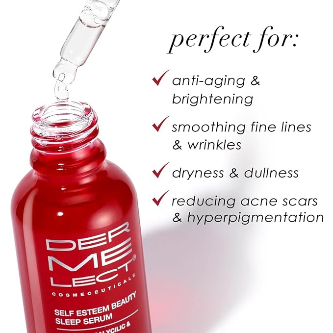 Dermelect Cosmeceuticals Self-Esteem Beauty Sleep Serum – Exfoliating Nighttime Treatment with Glycolic Acid, Salicylic Acid & Vitamin C – Enhances Skin Radiance & Smooths Texture – 1 oz