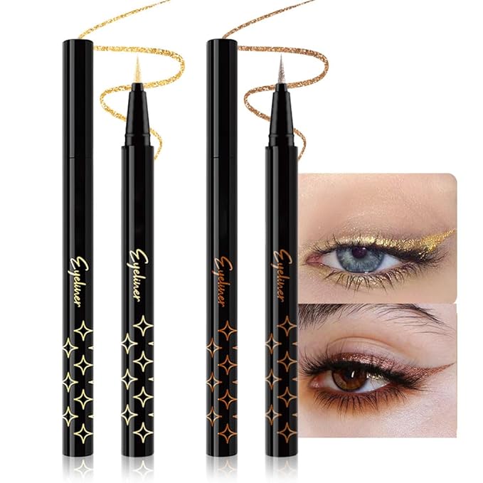 evpct 2Pcs Gold & Bronze Glitter Glittering Diamond Liquid Eyeliner Eye Makeup Pencil Set, Sparkle Shimmer Colored Eyeliner Pen Waterproof Smudge Proof Long Lasting High Pigmented