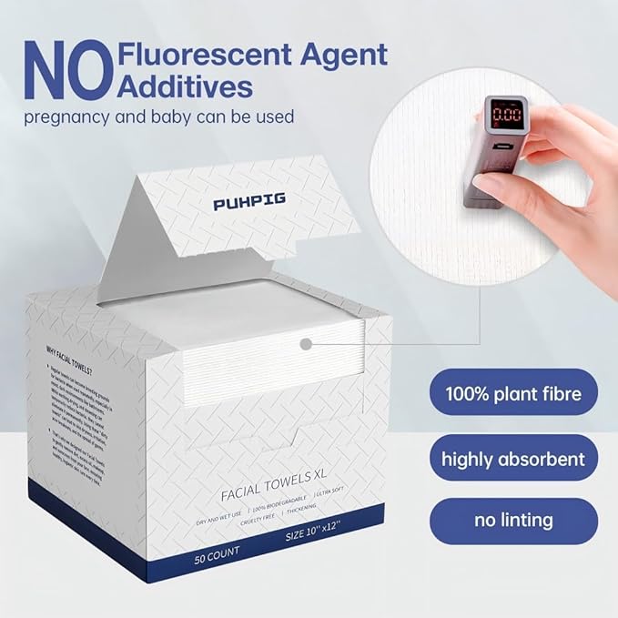 Disposable Face Towels 100% USDA Biobased Makeup Remover Dry Wipes Face Towelette, 10in X 12in Large Size Super Soft & Thick Face Cloths for Sensitive Skin 50 Ct /1 Pack