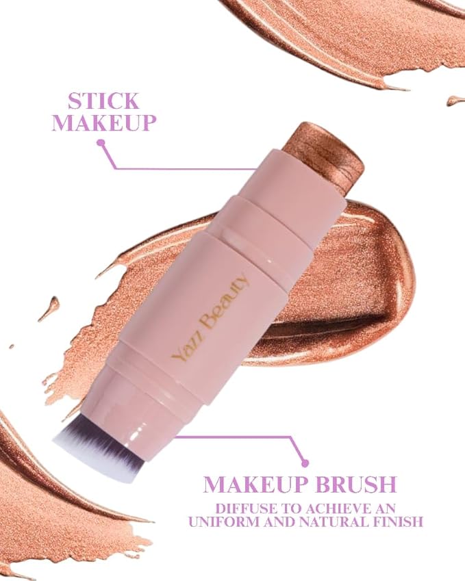 YazzBeauty Makeup Highlighter Stick with Brush – Miami Warm Bronze Shimmer | Brightening & Glowy Finish | Lightweight Formula for Face