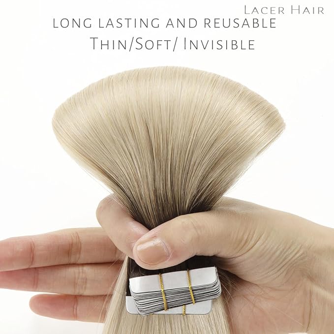 Lacer Tape in Hair Extensions Human Hair Dip Dyed Ombre Darker Brown to Platinum Blonde Seamless PU Skin Weft Natural Hair 20 Inch Invisible Tape in Human Hair Extensions Double Side 50g 20pcs/set