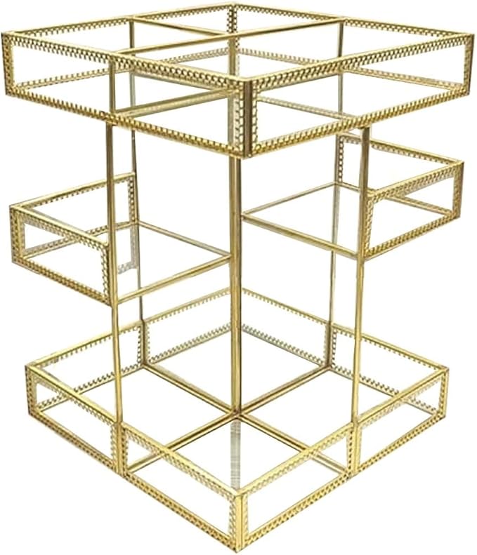 360 Degree Rotation Makeup Organizer Antique Countertop Cosmetic Storage Box Mirror Glass Beauty Display, Gold Spin Large Capacity Holder for Brushes Lipsticks Skincare Toner